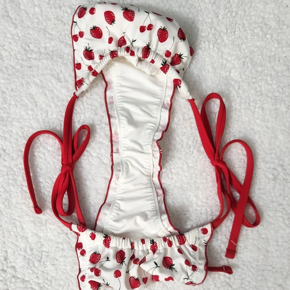 New! Frankie Bikini Summer Berries Strawberry Print Bikini Bottom with Red Ties